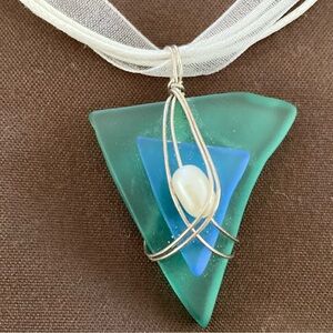Tumbled Glass Blue and Green Pendant Necklace with Pearl Bead